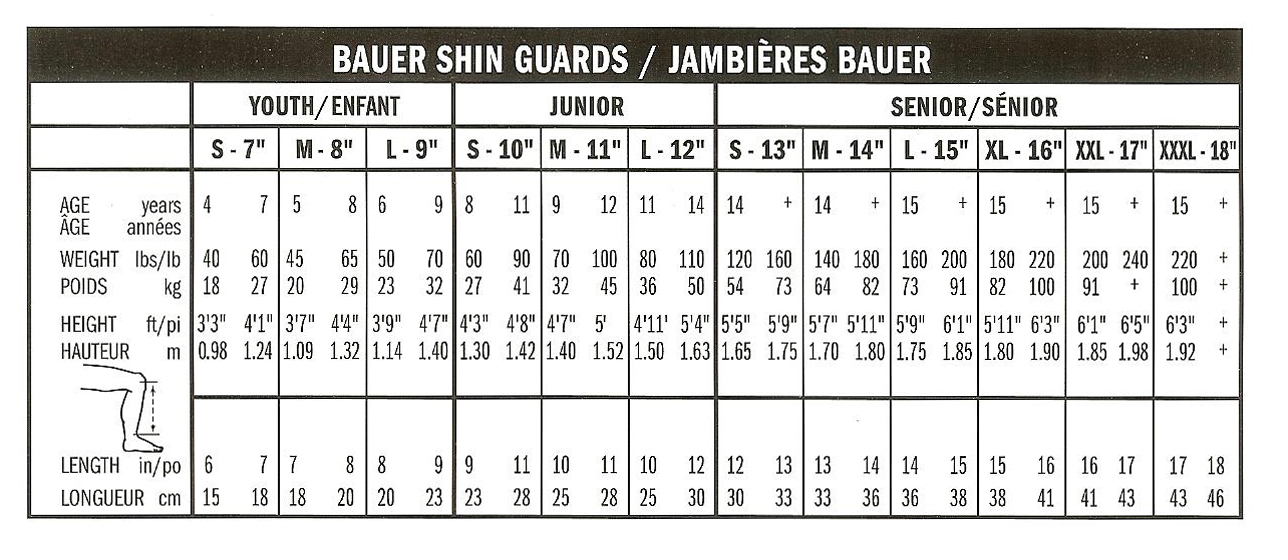 Hockey Shin Pad Sizing Chart