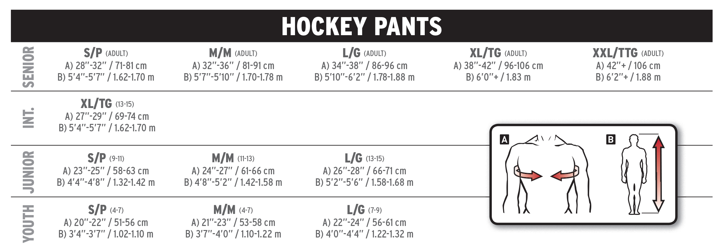 Junior Hockey Pants Sizing Chart