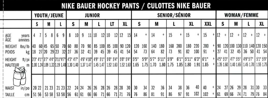 Bauer Flex Pant Size Chart