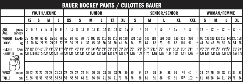 Bauer Flex Pant Size Chart