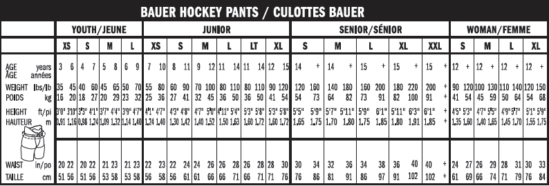 Bauer Hockey Pants Size Chart