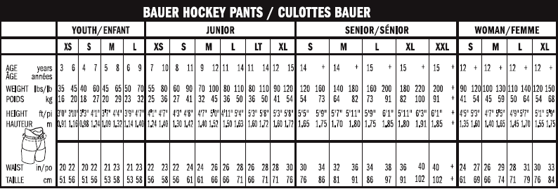 Bauer Nexus Pants Sizing Chart
