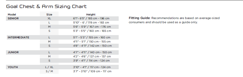 Goalie Chest Protector Sizing Chart