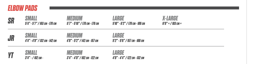 Ccm Elbow Pads Size Chart