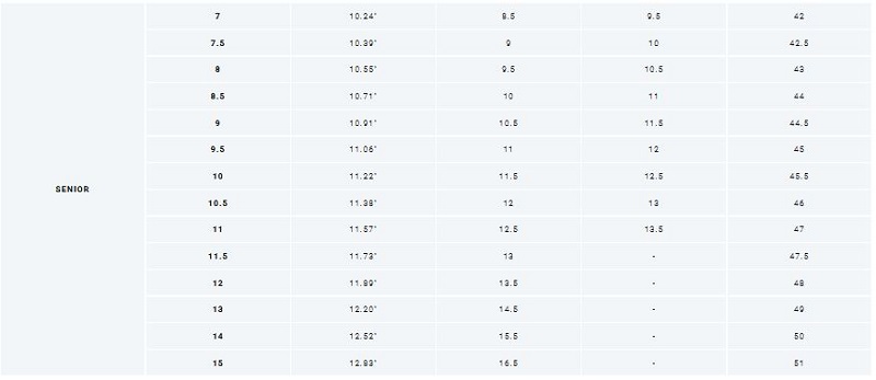 Bauer Skate Sizing Sr