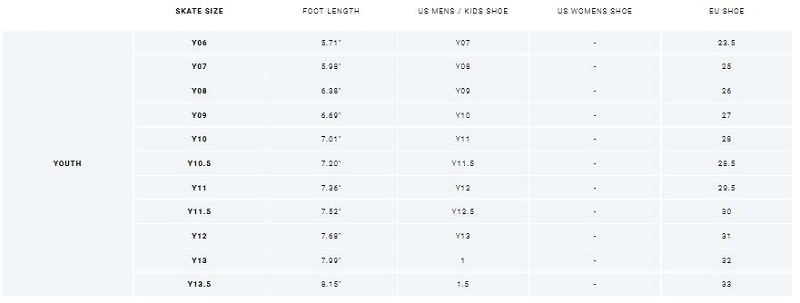 Bauer Skate Sizing Yth