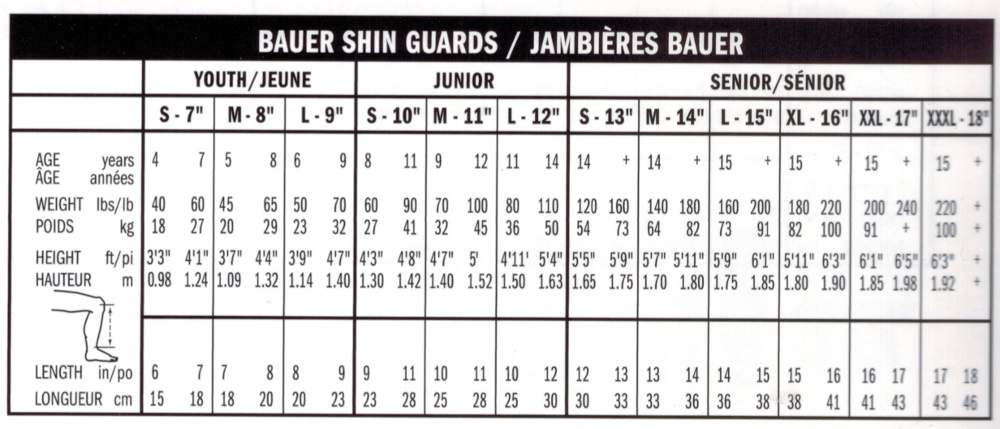 Hockey Shin Pad Sizing Chart