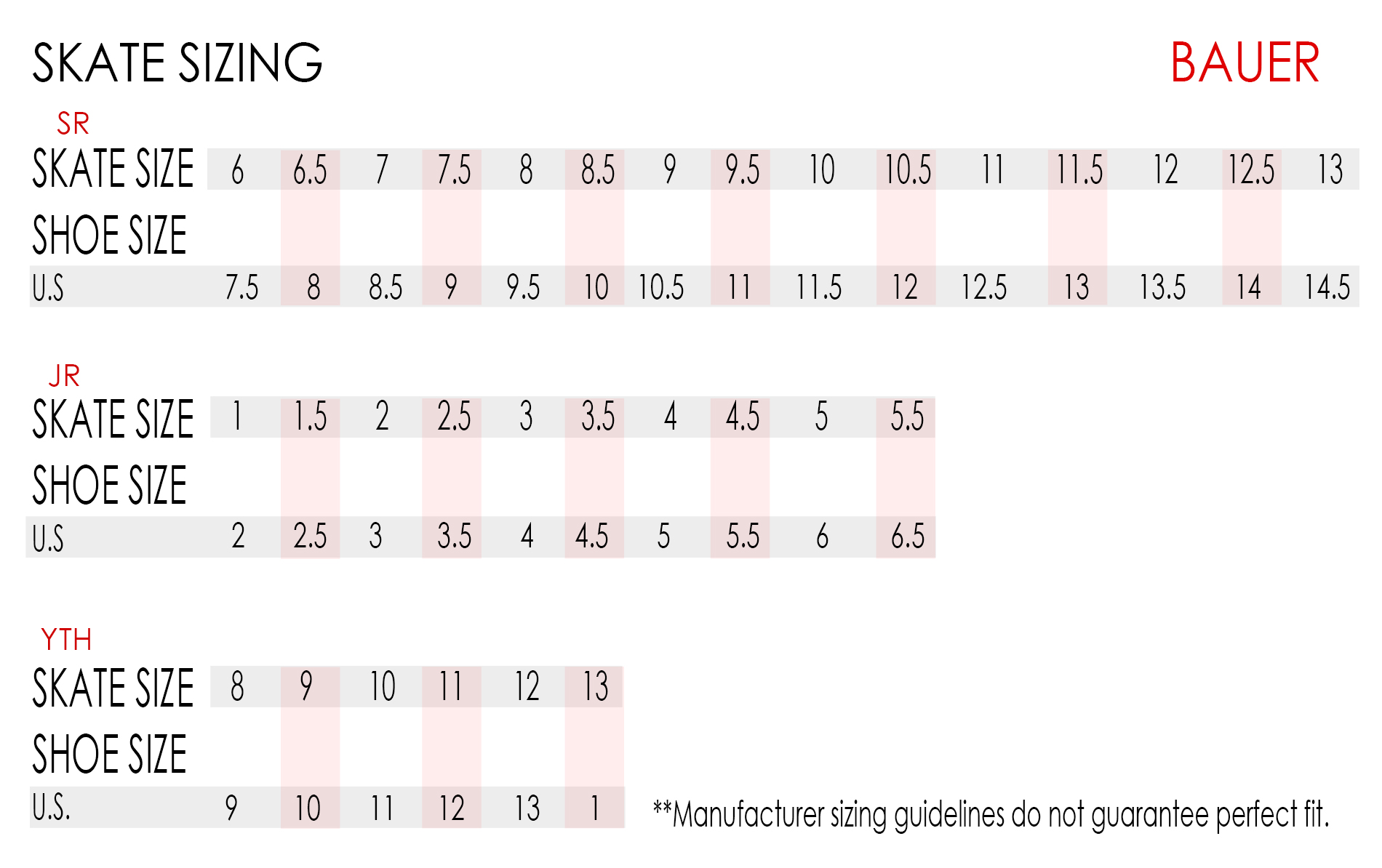 Bauer Youth Hockey Skate Size Chart