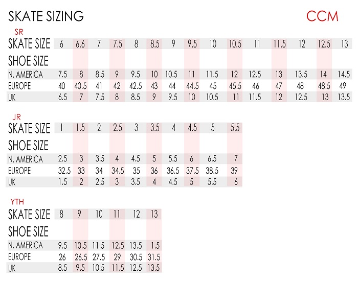 Junior Skates Size Chart