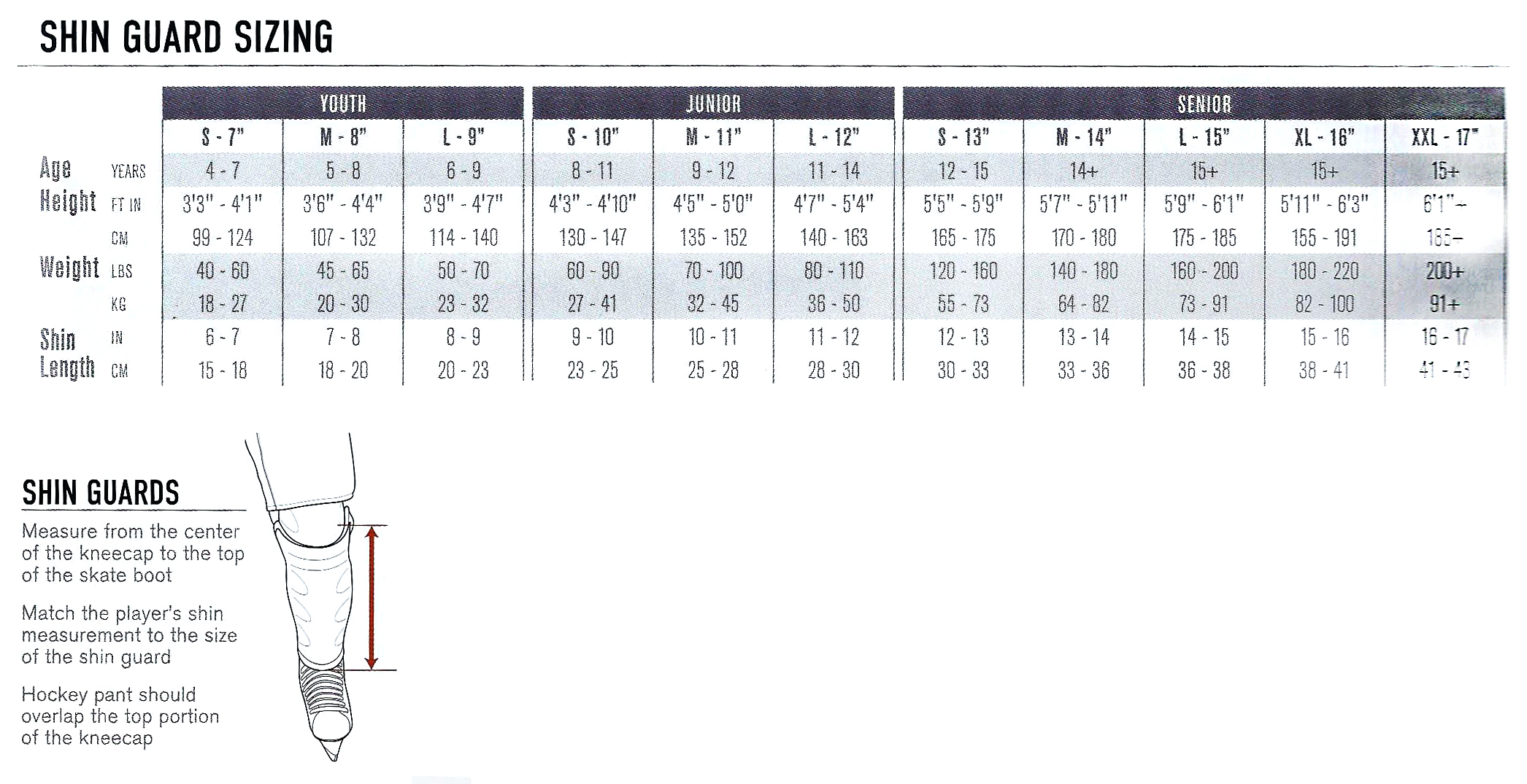 Shin Guard Hockey Size Chart