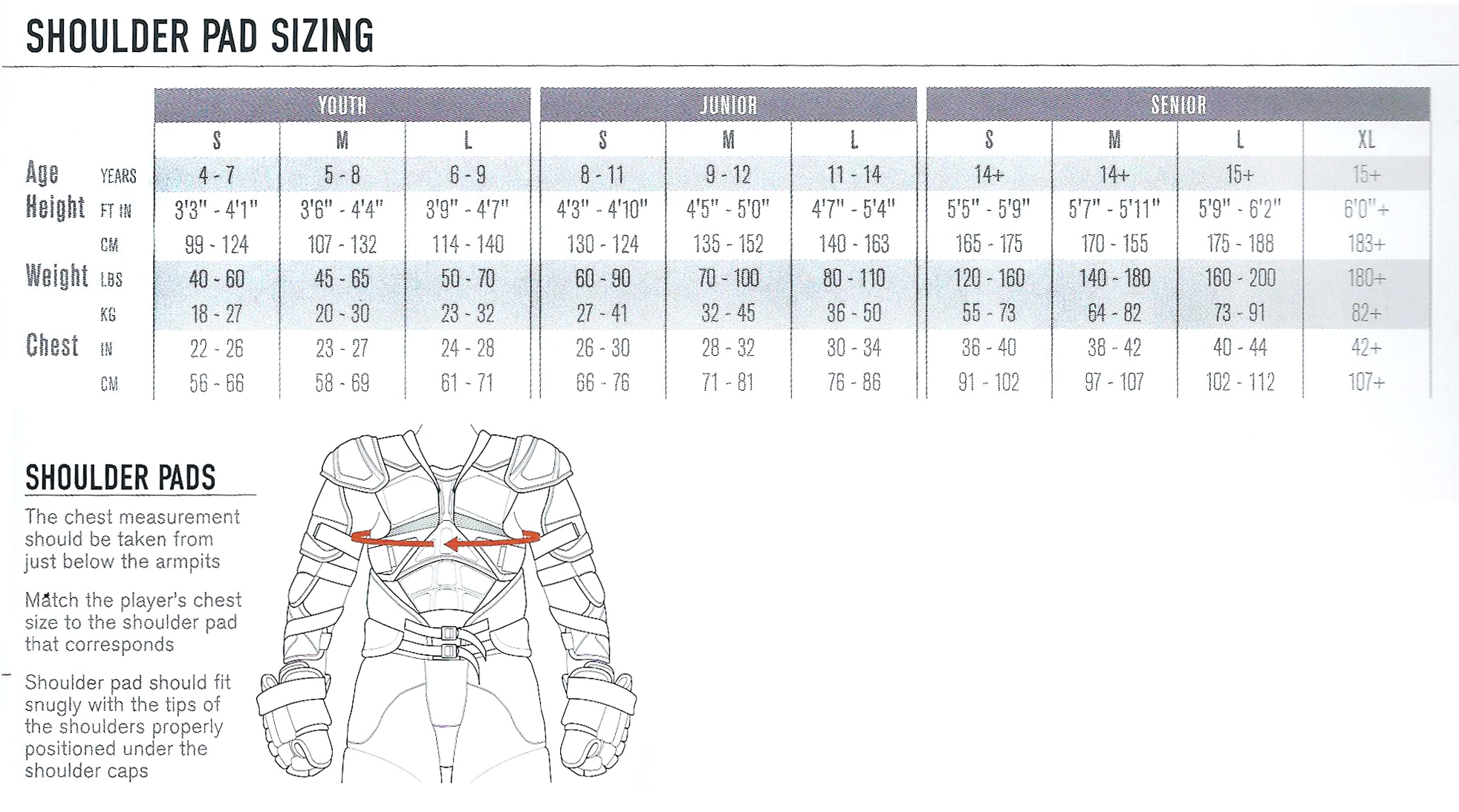 Youth Shoulder Pads Size Chart