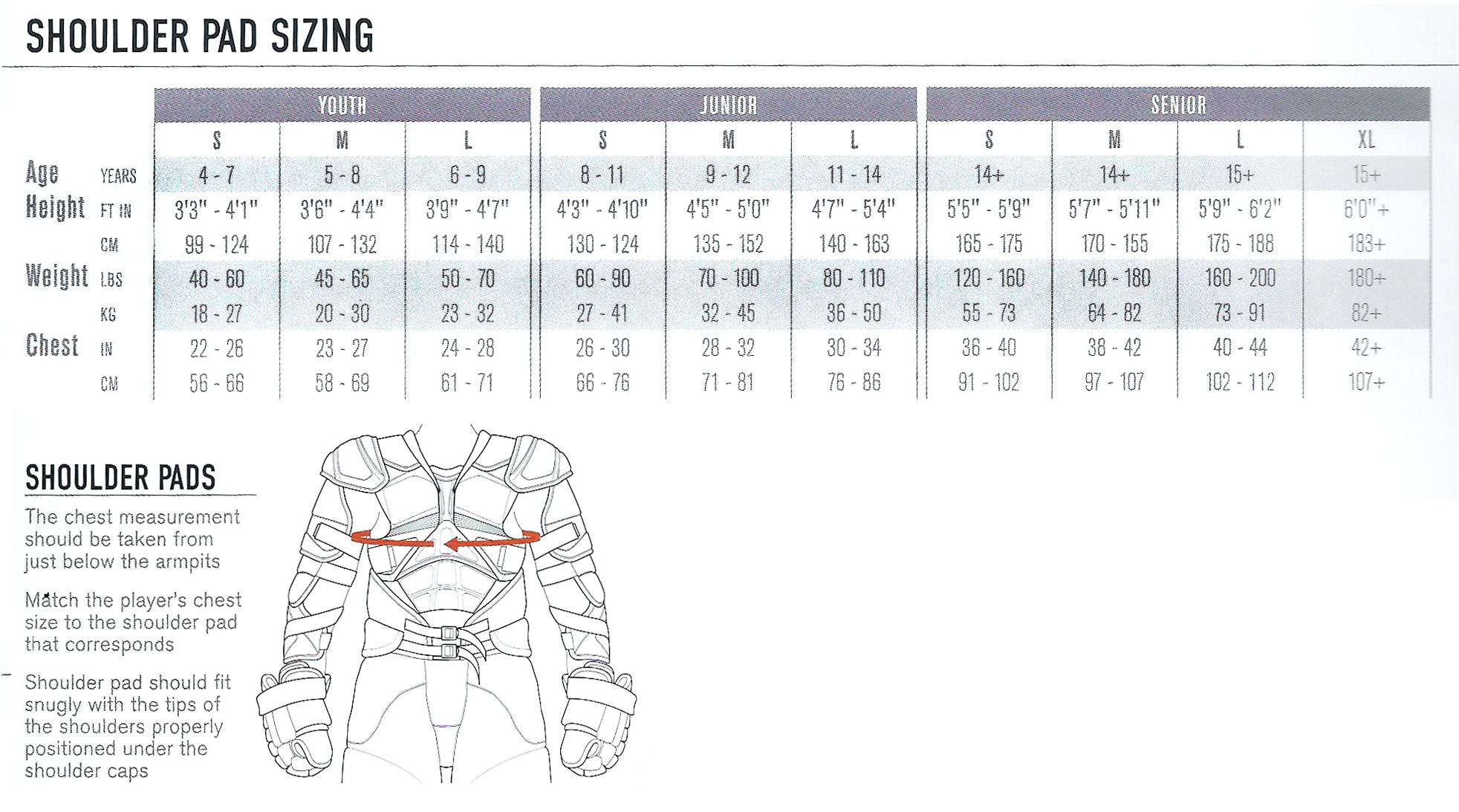 Shoulder Pad Size Chart