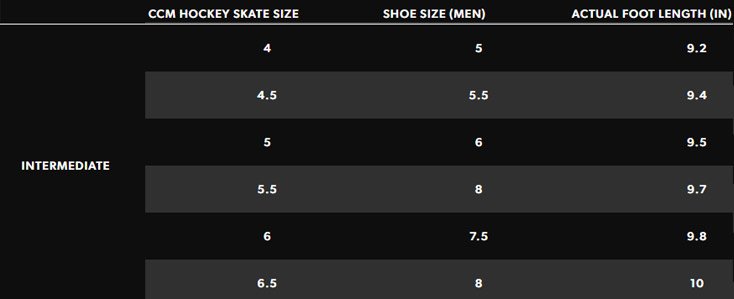 ccm skate sizing chart int